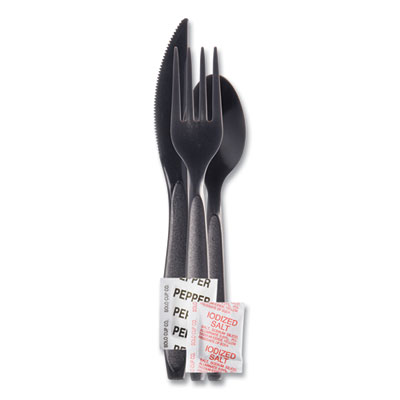SOLO Reliance Mediumweight Cutlery Kit, Fork/Knife/Napkin/Pepper/Salt/Spoon, Plastic, Black, 250/Carton (RSK8Y0004)