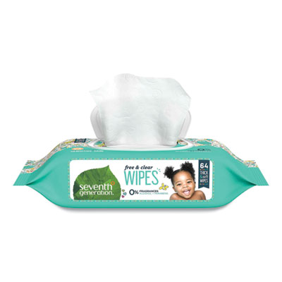 Seventh Generation Free and Clear Baby Wipes, 7 x 7, Unscented, White, 64/Flip Top Pack, 12 Packs/Carton (34208CT)