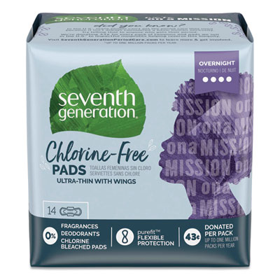 Seventh Generation Chlorine-Free Ultra Thin Pads with Wings, Overnight, 14/Pack, 12 Packs/Carton (45003)