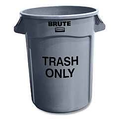 Rubbermaid Commercial Vented Round Brute Container, "Trash Only" Imprint, 32 gal, Plastic, Gray (263294GRA)