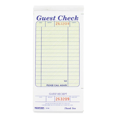 Rediform Guest Check Book, 3.38 x 6.5, 1/Page, Tear-Off at Bottom, 50 Forms (5F740)