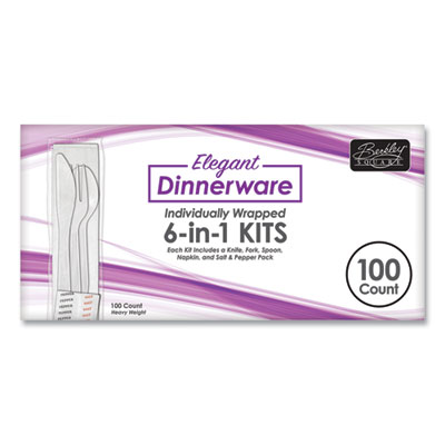 Berkley Square Elegant Dinnerware Heavyweight Cutlery Kit, Individually Wrapped, Knife/Fork/Spoon/Salt/Pepper/Napkin, White, 100/Box (90215)