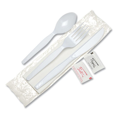 Dixie Individually Wrapped Mediumweight Polystyrene Cutlery, Knife/Fork/Teaspoon/Salt/Pepper/Napkin, White, 250/Carton (CM26NSPC7)