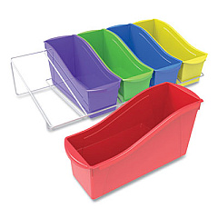 Storex Book Bins with Metal Shelf Rack, 14.3 x 25.69 x 7.25, 5 Assorted Color Bins, White Epoxy Metal Rack (71125U01C)