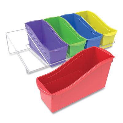 Storex Book Bins with Metal Shelf Rack, 14.3 x 25.69 x 7.25, 5 Assorted Color Bins, White Epoxy Metal Rack (71125U01C)
