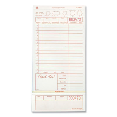 AmerCareRoyal Guest Check Loose-Pack Refill, 15 Lines, Three-Part Carbonless, 4.2 x 8.5, 200 Forms/Pad, 10 Pads/Carton (GC49973)