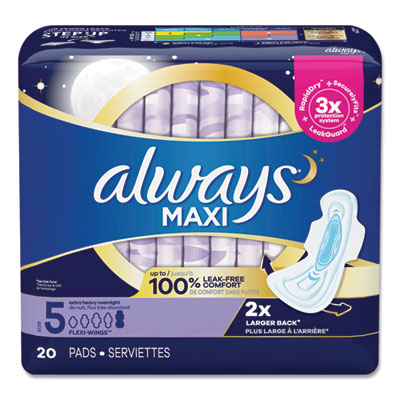 Always Maxi Pads, Size 5, Extra Heavy Overnight Absorbency, 20/Pack, 6 Packs/Carton (17902)