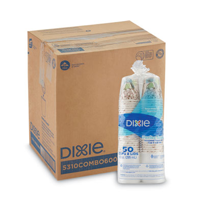 Dixie PerfecTouch Paper Hot Cups and Lids Combo, 10 oz, Coffee Haze Design, 50/Pack, 6 Packs/Carton (5310CMB600CT)