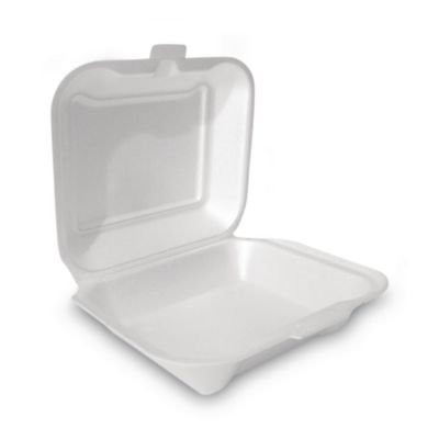 Plastifar Foam Hinged Lid Container, Secure One Tab Latch, Poly Bag, 7.81 x 8.75 x 3.38, White, 100/Sleeve, 2 Sleeves/Bag, 1 Bag/Pack (12018)