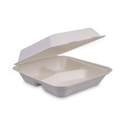Boardwalk Bagasse Food Containers, Hinged-Lid, 3-Compartment 9 x 9 x 3.19, White, 100/Sleeve, 2 Sleeves/Carton (BWKHINGEWF3CM9)