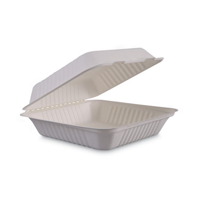 Boardwalk Bagasse Food Containers, Hinged-Lid, 1-Compartment 9 x 9 x 3.19, White, 100/Sleeve, 2 Sleeves/Carton (BWKHINGEWF1CM9)
