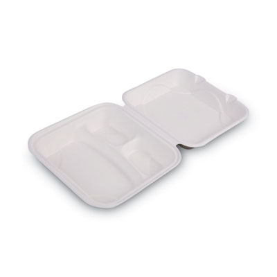 Eco-Products Renewable and Compost Sugarcane Clamshells, 3-Compartment, 9 x 9 x 3, White, 50/Pack, 4 Packs/Carton (EPHC93)