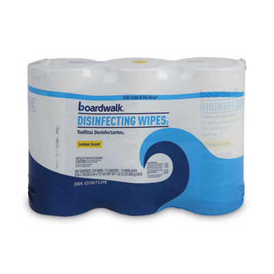 Boardwalk Disinfecting Wipes, 8 x 7, Lemon Scent, 75/Canister, 3 Canisters/Pack (BWK455W753PK)