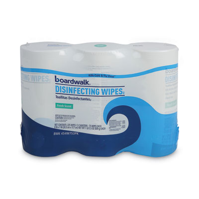 Boardwalk Disinfecting Wipes, 8 x 7, Fresh Scent, 75/Canister, 3 Canisters/Pack (BWK454W753PK)