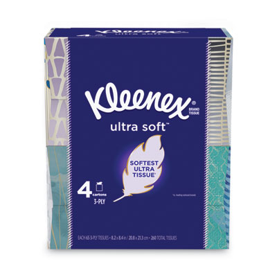 Kleenex Ultra Soft Facial Tissue, 3-Ply, White, 8.75 x 4.5, 65 Sheets/Box, 4 Boxes/Pack (50173)
