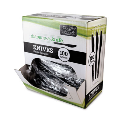 Berkley Square Dispens-a-Knife, Individually Wrapped, Mediumweight Knife, Plastic, Black, 100/Box (BEP90200)