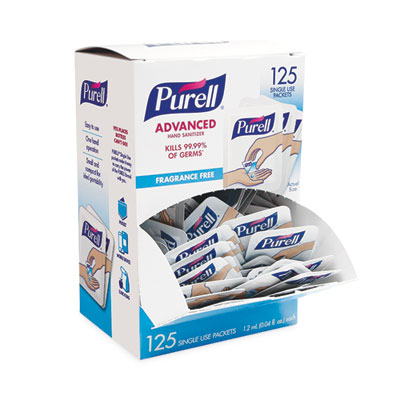 PURELL Advanced Hand Sanitizer Single Use, Gel, 1.2 mL Packet, Fragrance-Free, 125/Box, 12 Box/Carton (9630125NSCT)