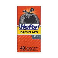 Hefty Easy Flaps Trash Bags, Tie-Flap, 30 gal, 0.85 mil, 30" x 33", Black, 40/Box (E27744)