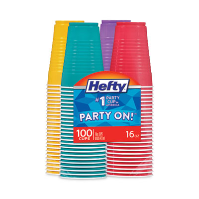 Hefty Easy Grip Disposable Plastic Party Cups, 16 oz, Bright Assorted Colors, 100/Pack (C21637)