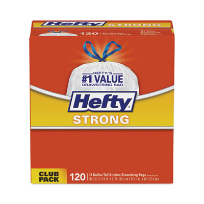 Hefty Strong Tall Kitchen Drawstring Bags, 13 gal, 23.75" x 27", White, 90 Bags/Box, 3 Boxes/Carton (E84574CT)