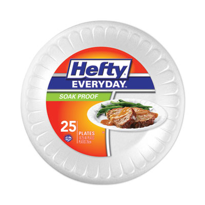 Hefty Soak Proof Tableware, Plate, Foam, 10.25" dia, White, 25/Pack, 10 Packs/Carton (D21029CT)