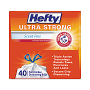 Hefty Extra Heavy-Duty Ultra Strong Tall Kitchen Trash Bags, Drawstring, 13 gal, 23.75" x 24.88", White, 40 Bags/Box, 6 Boxes/CT (E88338CT)