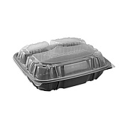 Pactiv Evergreen EarthChoice Vented Dual Color Microwavable Hinged Lid Container, 3-Compartment Base/Lid, 54 oz, Black/Clear, Plastic, 132/CT (DC109330B000)