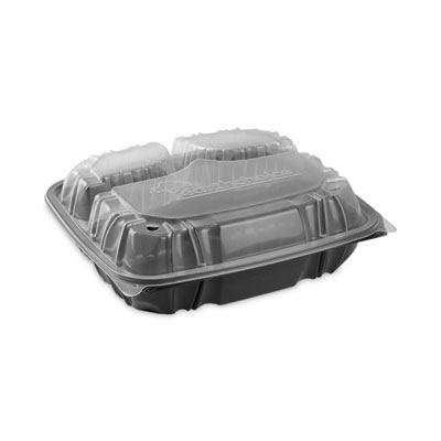 Pactiv Evergreen EarthChoice Vented Dual Color Microwavable Hinged Lid Container, 3-Compartment Base/Lid, 54 oz, Black/Clear, Plastic, 132/CT (DC109330B000)