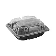 Pactiv Evergreen EarthChoice Vented Dual Color Microwavable Hinged Lid Container, 3 Compartment Base/Lid, 33 oz, Black/Clear, Plastic, 150/CT (DC858330B000)