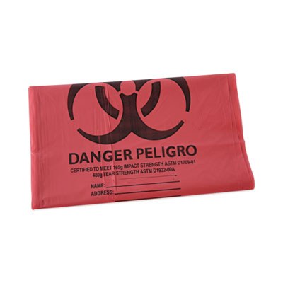 Boardwalk Linear Low Density Health Care Trash Can Liners, 45 gal, 1.3 mil, 40" x 46", Red, Flat Pack, 100/Carton (IW4046R)