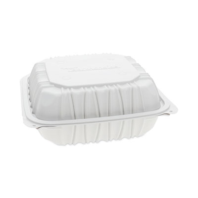 Pactiv Evergreen EarthChoice Vented Microwavable MFPP Hinged Lid Container, 8.4 x 8.7 x 3.1, White, Plastic, 146/Carton (YCNW0851)