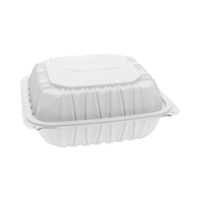 Pactiv Evergreen EarthChoice Vented Microwavable MFPP Hinged Lid Container, 3 Compartments, 8.4 x 8.7 x 3.1, White, Plastic, 146/Carton (YCNW0853)