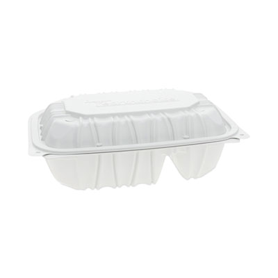 Pactiv Evergreen EarthChoice Vented Microwavable MFPP Hinged Lid Container, 2 Compartments, 9 x 6 x 3.1, White, Plastic, 170/Carton (YCNW02052)