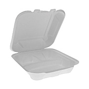 Pactiv Evergreen EarthChoice Bagasse Hinged Lid Container, 3 Compartments, Dual Tab Lock, 7.8 x 7.8 x 2.8, Natural, Sugarcane, 150/Carton (YMCH08030001)
