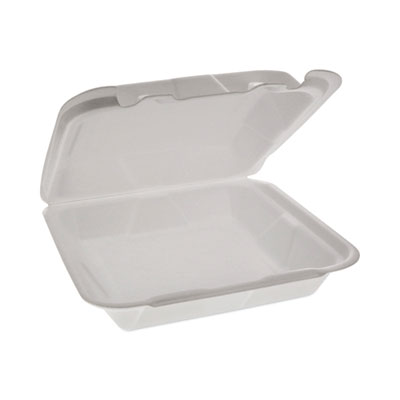 Pactiv Evergreen Foam Hinged Lid Container, Dual Tab Lock Happy Face, 8 x 7.75 x 2.25, White, 200/Carton (YHD18SS00200)