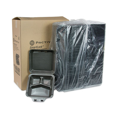Pactiv Evergreen SmartLock Foam Hinged Lid Container, Large, 3 Compartments, 9 x 9.5 x 3.3, Black, 150/Carton (YHLB09030000)