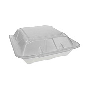 Pactiv Evergreen Vented Foam Hinged Lid Container, Dual Tab Lock Economy, 3 Compartments, 9.1 x 9 x 3.3, White, 150/Carton (YTD19903ECON)