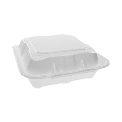 Pactiv Evergreen Vented Foam Hinged Lid Container, Dual Tab Lock, 8.4 x 8 x 3, White, 150/Carton (YTD188010000)