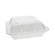 Pactiv Evergreen Vented Foam Hinged Lid Container, Dual Tab Lock, 3 Compartments, 9.1 x 9 x 3.3, White, 150/Carton (YTD199030000)