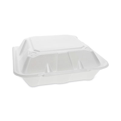Pactiv Evergreen Vented Foam Hinged Lid Container, Dual Tab Lock, 3 Compartments, 9.1 x 9 x 3.3, White, 150/Carton (YTD199030000)