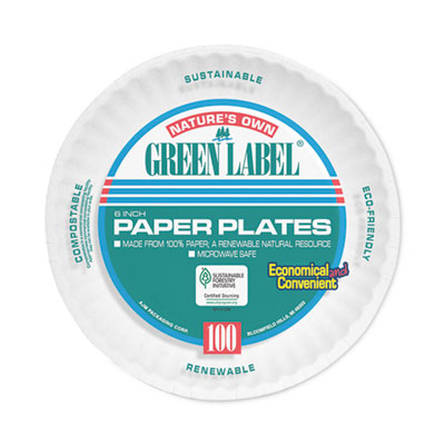 AJM Packaging Corporation Green Label Coated Paper Plates, 6" dia, White, 100/Pack, 12 Packs/Carton (PP6GRAWH)