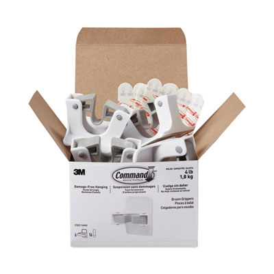 Command Broom Gripper, 3.12w x 1.85d x 3.34h, White/Gray, 6 Grippers/16 Strips/Pack (17007S6NA)
