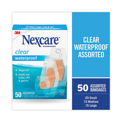 3M Nexcare Waterproof, Clear Bandages, Assorted Sizes, 50/Box (43250)