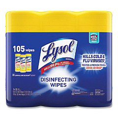 LYSOL Brand Disinfecting Wipes, 1-Ply, 7 x 7.25, Lemon and Lime Blossom, White, 35 Wipes/Canister, 3 Canisters/Pack (82159PK)