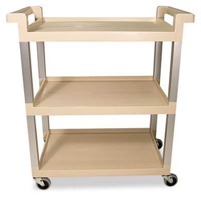 Rubbermaid Commercial THREE-SHELF SERVICE CART W/BRUSHED ALUMINUM UPRIGHT, 16.25W X 31.5D X 36H, BEIGE (9T6571BG)