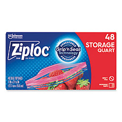 Ziploc Double Zipper Storage Bags, Triple System Seal, Quart, 9.63" x 8.5", Clear, 48/Box (314469BX)