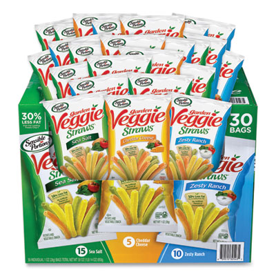 Sensible Portions Veggie Straws, Cheddar Cheese/Sea Salt/Zesty Ranch, 1 oz Bag, 30 Bags/Carton (22000413)
