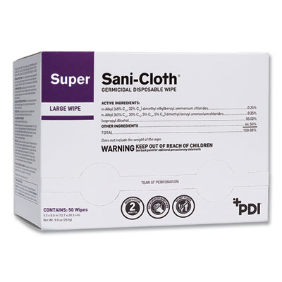 Sani Professional Super Sani-Cloth Individually Wrapped Germicidal Disposable Wipes, Large, 1-Ply, 5 x 8, Unscented, White, 50/Pack (H04082)
