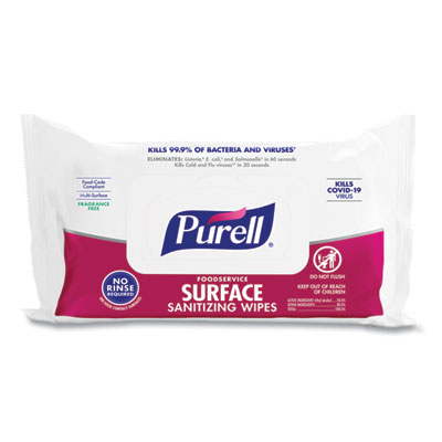PURELL Foodservice Surface Sanitizing Wipes, 1-Ply, 7.4 x 9, Fragrance-Free, White, 72/Pouch, 12 Pouches/Carton (937112CT)