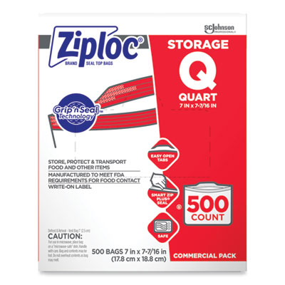 Ziploc Double Zipper Storage Bags, Quart, 7" x 7.75", Clear, 500/Box (364899)